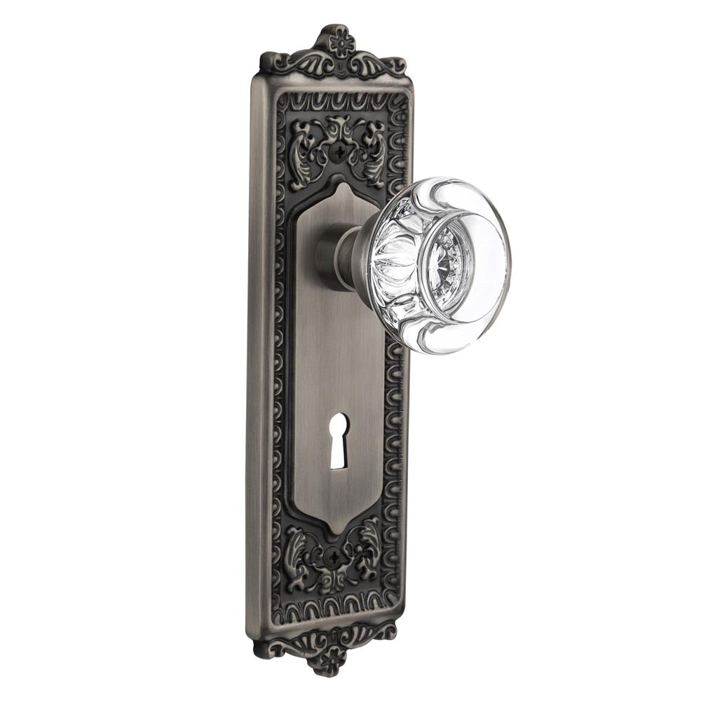 Nostalgic Warehouse EADRCC Mortise Egg and Dart Plate with Round Clear Crystal Knob with Keyhole in Antique Pewter